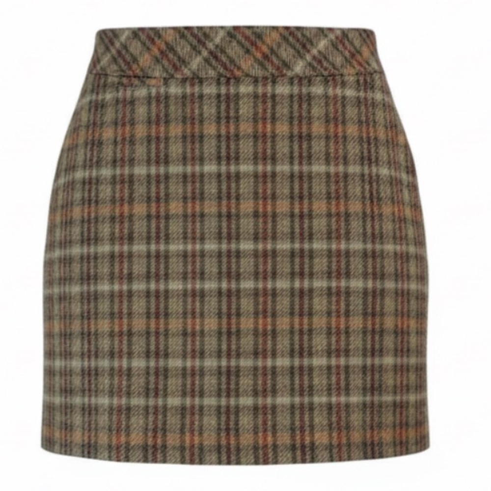 L.L.BEAN Favourite Fit Skirt Wool Blend Weave Plaid Tartan Brown Tan Burgundy 6P